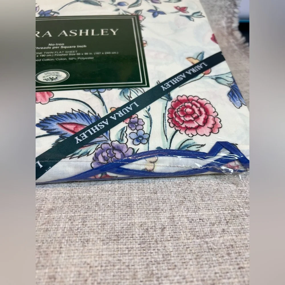 Laura Ashley Vintage Chinese Silk Floral twin size flat sheet scalloped edge NWT